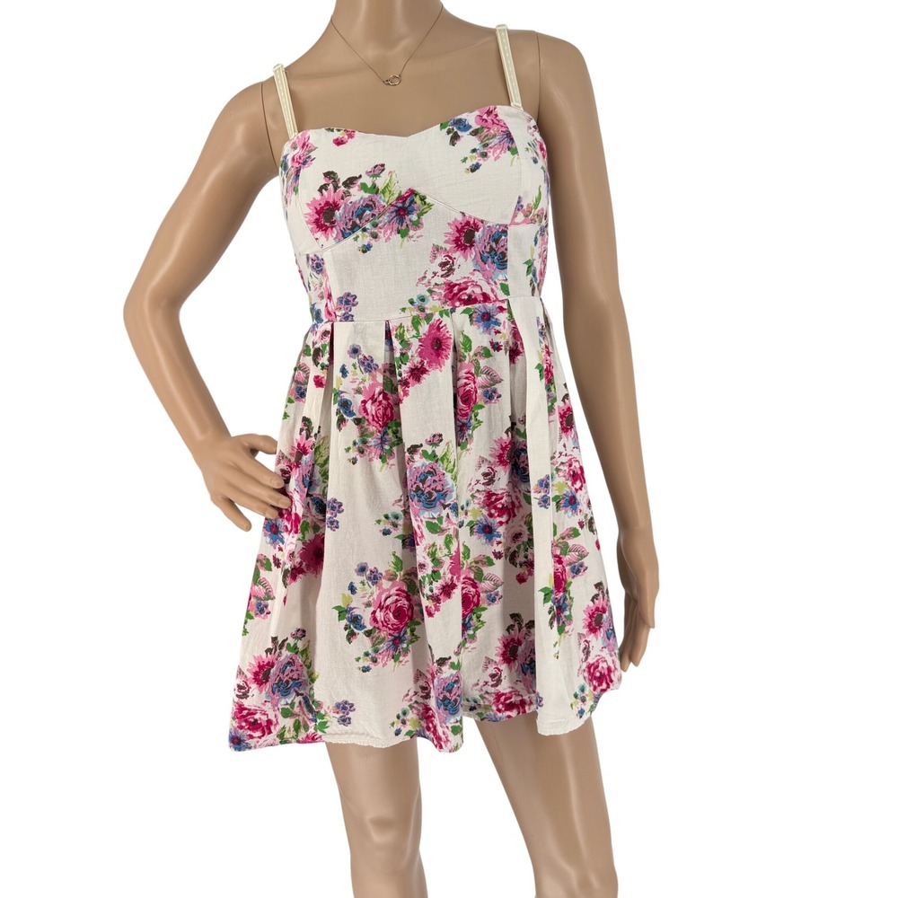 Derek Heart Floral 100%‎ Cotton Mini Dress Pink Blue Rose Smocked Back Small
